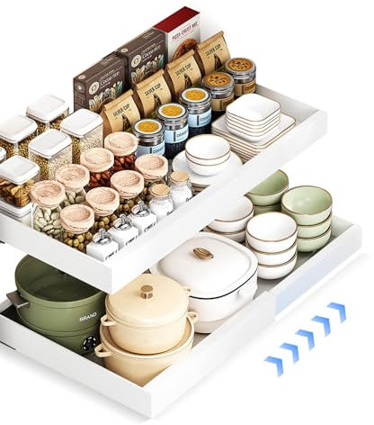 2PCS Ausziehbarer Schrank Organizer, Teleskopschublade Zum Nachrüsten Kein Bohren Und Nageln Erforderlich Pull Out Drawer Einstellbare Breite Für Die Küche Bad Wohnzimmer 32-52x42x7cm (2, Weiß)