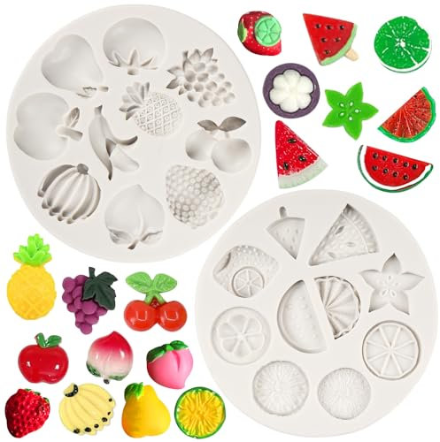MYPRACS Stampo per fondente di frutta, anguria, limone, fragola, pesca, banana, uva da vino, ananas, mela, silicone per decorazione torte, topper cioccolato, caramelle, argilla polimerica, set da 2