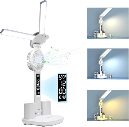 WzioEpul LED Desk Lamp with Fan - College Dorm Room Light, 3 Modes, USB Charging, Adjustable Foldable Light with Clock, Pen Case, Temperature Display
