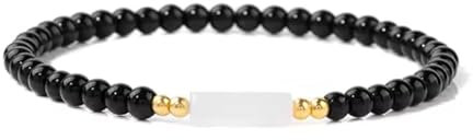 XINLIANYI 1pcs 4mm Natural Stone Round Beaded Bracelets 4x13mm Cylindrical Stone Charm Bracelet Rose Quartzs Obsidian Bracelets For Women Men,Black Obsidian,19 CM