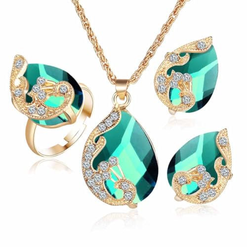 FDEETY Elegantes Schmuckset Für Damen Mit Grünen Kristallen Vergoldet Halskette Und Ohrringe Modisches Design Hochwertiger Schmuck Für Besondere Anlässe Geschenkidee(Green)