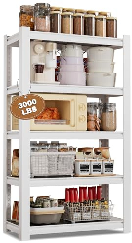 WORKPRO House Regal mit 5 Ebenen, verstellbare Aufbewahrungsregale, schraubenloses Bücherregal, Regal-Organizer für Küche, Wohnzimmer, Badezimmer, Holzmaserung, wasserdichtes Brett, 61 cm breit, Weiß