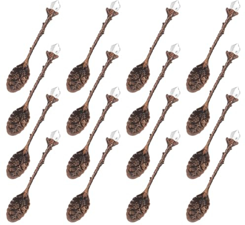sourcing map 16 Pcs Retro Spoons, 4.3 Inch Crystal Alloy Coffee Spoons,Vintage Carved Tea Spoon Leaf Flower Pattern Dessert Spoon Ice Cream Spoons for Stirring Mixing Red