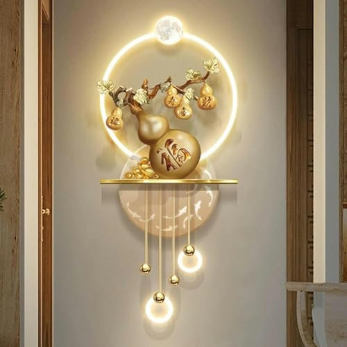FKINGLRK 5d Wall Sculptures Painting Hanging Wall Art Decorations Lamp, Three-Dimensional Gourd Decorative, Traditional Chinese Wall Mural Lamp, For Living Room Office Wall Hanging Deco