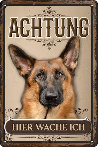 30 x 20 cm wetterfestes Blechschild, Warnhinweis, Torschild, Achtung, hier Wache ich! Warnung vor dem Hund (Schäferhund 1)