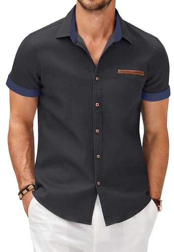 COOFANDY Mens Shirts Short Sleeve Smart Casual Non Iron Formal Shirt Denim Work Plaid Collar Plain Shirt Summer Button Down Shirts Dark Gray B XL
