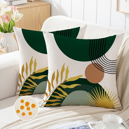 Jayusaror Outdoor Kissenbezug 50x50 Wetterfest Grün Sofakissen Kissenhülle Boho Modern Minimalistisch Geometrische Tropische Blätter Sommer Kissen Kissenbezüge für Sofa Garten Deko 2er Set
