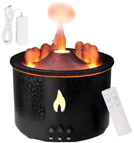 Vulkan Luftbefeuchter Flammen Aroma Diffusor,300ML Aromatherapie Luftbefeuchter 2 Nebelmodus mit Fernbedienung,Nachtlicht Aromatherapie Diffusor mit Zweifarbigem Licht und 2 Timern für Zuhause, Yoga