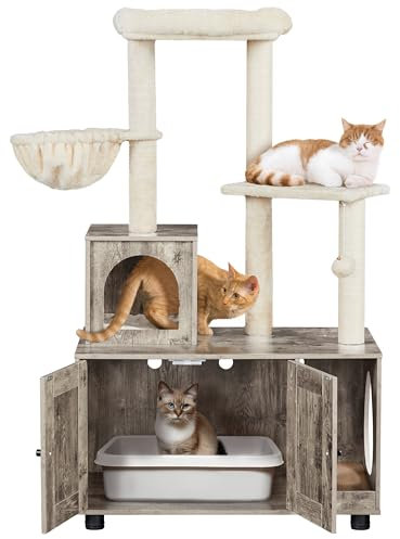 Yaheetech Árbol Rascador para Gatos con Caja de Arena de Altura 134.5cm Torre 2 en 1 de Varios Niveles Torre Escalador de Sisal con 2 Plataformas 1 Pompón 1 Cesta Arenero Oculto Madera Gris Beige