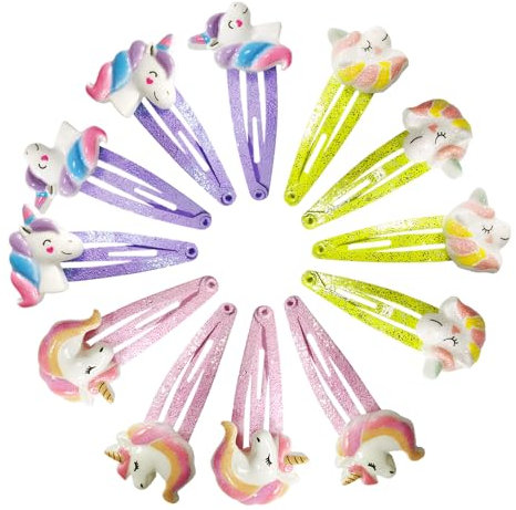 12 Stück Haarspangen Mädchen, Einhorn Haarspangen, Haarspangen Kinder Mehrfarbig, Lustige Einhornform,Leicht zu Tragen,Niedliche Haarspangen für Kleinkinder Kinder Mädchen Frauen (Rosa,Gelb,Lila)