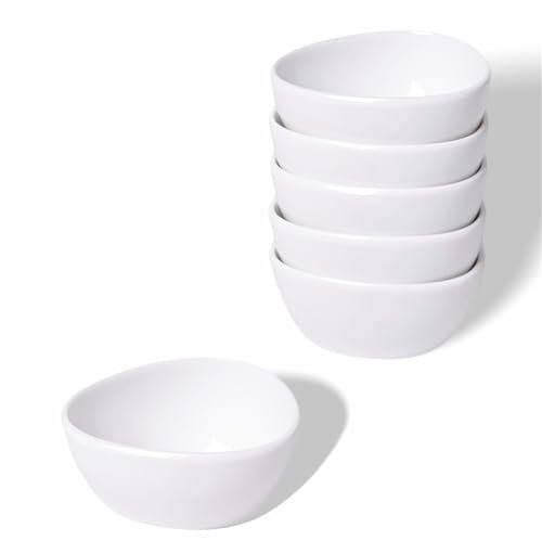 LEETOYI Mini Ceramic Ramekins Souffle Dishes 1.5 OZ, Small Dipping Bowls, Sauce Dip Bowls for Kitchen Serving Sauce Condiments, Oven & Microwave Safe, Set of 6, White