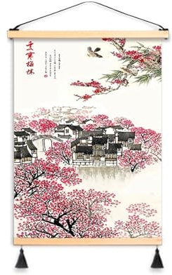 KANLVU Cache Compteur Electrique Mural Style Chinois Couvercle De Panneau électrique Peinture Cache Tableau Electrique Decoratif Tissu Tapisserie Rideau Suspendu(S,Black Pendant-8)