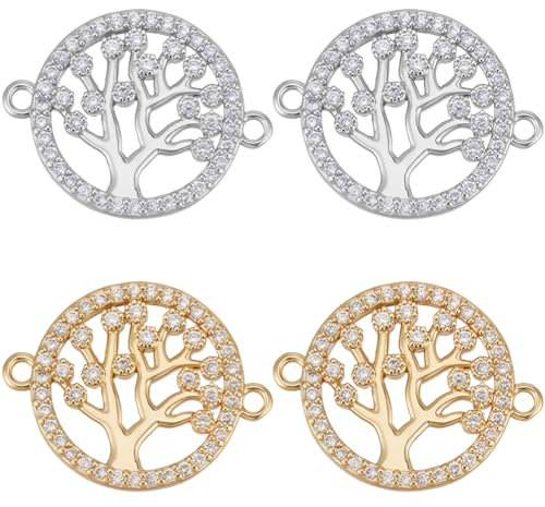 Beebeecraft 12 pz 2 Colori Albero della Vita Ciondoli di Collegamento Placcati Oro 18K e Platino 20x16mm Zirconi Cubici Rotondi Ciondoli con Due Anelli per La Creazione di Gioielli Fai da Te