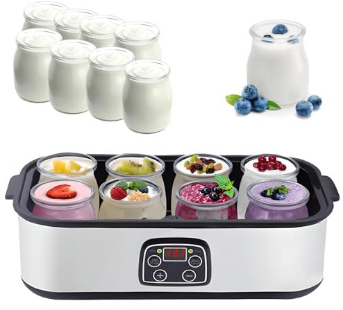 Yaourtière Ultime avec 8 Récipients en Verre de 180 ML, Yaourtière Automatique de 1400 ML, Yaourtière Électrique Multifonction, Température Et Temps Réglables, pour Yaourt
