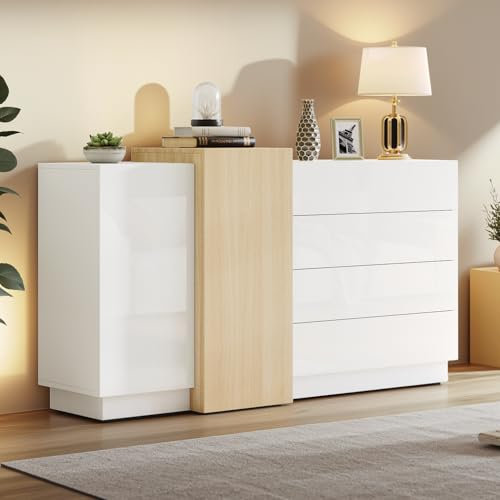 LINKHOO Armoire Blanche, Buffet Blanc Brillant, de Salle à Manger Moderne avec Espace de Rangement, de Rangement Moderne Minimaliste Couleur Bois
