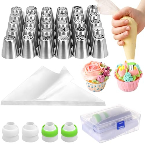 134 PCS Russian Piping Tips Set, with 30 100 Disposable icing bags and 30 Stainless Tips Set, 4 Couplers, Piping Bags and Tips Set for Cupcakes, Pastries