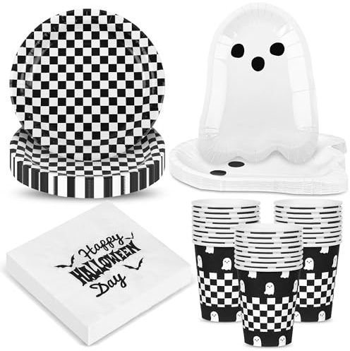 100Pcs Halloween Paper Plates and Napkins Tableware Set Boo Ghost Disposable Dinner Plates Napkins Cups Black and White Checkered plates Spooky Birthday Decorations for Party Supplies