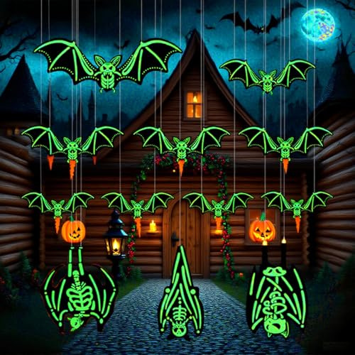 Pubbyuer Halloween Deko Outdoor, 12 Stück Leuchtende Fledermaus Deko - Outdoor PVC wasserdichte Horror Deko für Fenster Wand Baum Hof Rasen Veranda Garten Halloween-Party Dekorations