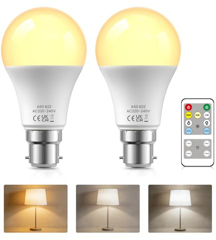 HeatingLux B22 Bayonet Remote Control Light Bulb, Dimmable Bayonet Led Bulb | Dimmable & Colour Changing,40W Equivalent, Timer & Memory Function,Bayonet Fitting