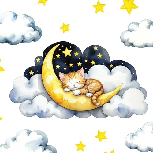 Boho Kinderzimmer Wandtattoos – Traumhafte Aquarell Katze auf Wolke | Mehrteiliges Set mit Wolken, Mond & Sternen | Abnehmbare Stoff Wanddeko fürs Kinderzimmer
