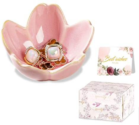 Ceramic Jewelry Dish Ring Holder Jewelry Tray Vanity Organizer Pink Room Decor Aesthetic Dorm Bathroom Decor Decorative Trinket Dish for Rings Earrings Necklaces Birthday Christmas Gifts for Women