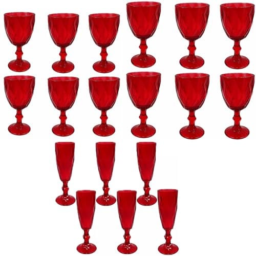 Set 18 Bicchieri Rossi calice con piede per la Tavola Acqua Vino Spumante fluite Effetto Diamante Eleganti per le Feste di natale e Occasioni natalizie Speciali