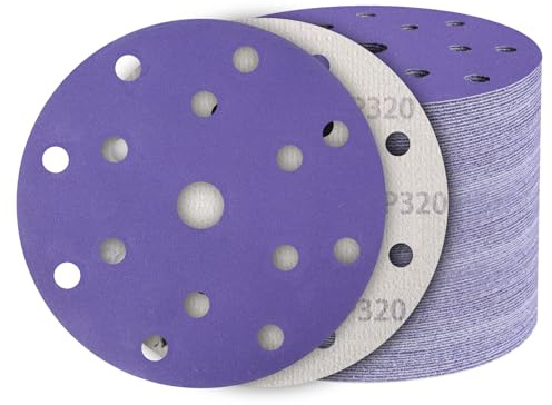 50 Pièces Disques Abrasifs 150mm Grain 320 papier a poncer 15 Trous Disque Poncage pour Ponceuse Excentrique, carrosserie automobile, métal, acier inoxydable