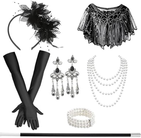 LUYIEDHA 20er Jahre Accessoires, 7 Stück Great Gatsby Accessoires Set, Great Gatsby Party Kostüme Damen mit Kopfschmuck, Handschuhe, Halskette, Umhang, Fashion Roaring 20's Theme Set