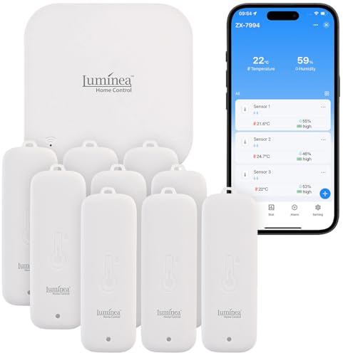 Luminea Home Control Hygrometer: 9er-Set Temperatur- & Feuchtigkeitssensoren, WLAN-Gateway, App, IP65 (Max-Min-Gewächshaus-Thermometer, Luftfeuchtigkeitsmessgeräte, Toilette)