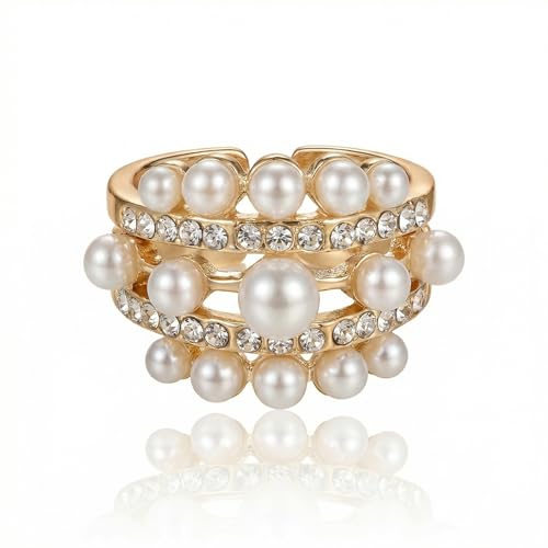OKKRMGZ Pearl Rings for Women Vintage Gold Adjustable Open Stacking Ring Full Finger Ring Cluster Pearls Statement Trendy Jewelry Fashion Prom Accessories Elegant