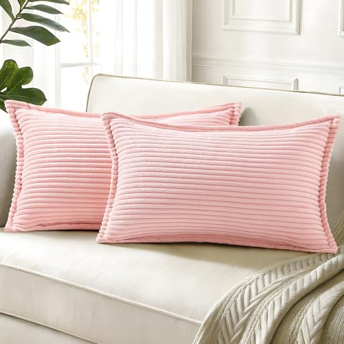 Homaxy 2er Set Kordsamt Kissenbezüge 30x50 cm Rosa | Kordsamt Auf Beiden Seiten, Fransenkanten & Streifen Design, Unsichtbarer Reißverschluss, Pflegeleicht Maschinenwaschbar