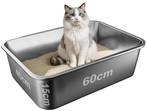 Katzenklo Edelstahl Wanne XXL – Leicht zu Reinigen, Geruchsresistent – Katzentoilette Stahl – 60x40x15cm – Antihaftbeschichtet – Geeignet Für Große und Kleine Katzen, Kaninchen