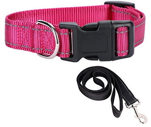Halsband Nylon Personalisierter Hundehalsband Reflektierende Halsband und Hundeleine im Set Stickerei Rosa Halsband mit Gravur nach Wunsch für große,mittelgroße,Mittlere,Kleine Hunde XL