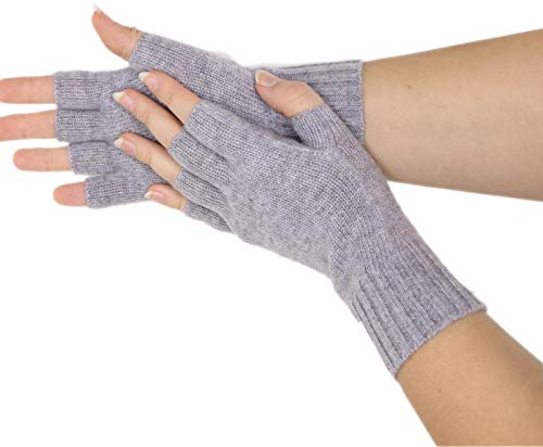 Prettystern Damen 100% Kaschmir-Wolle Halbfinger kurzfinger-handschuhe Fingerlose -Handschuhe Pulswärmer Cashmere hell-Grau
