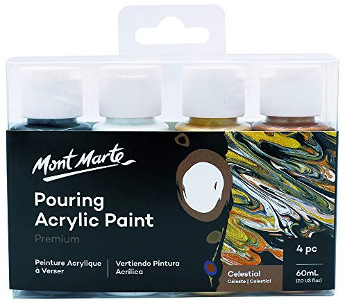 Mont Marte Pinturas Acrilicas Pouring Set Celeste – 4 piezas x 60ml – Pinturas acrílicas premezcladas con Pouring Medium – Lámparas Negro, Blanco de Titanio, Oro, Bronce