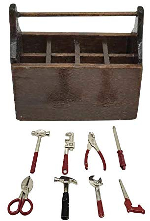 Miniatur Werkzeugkasten mit Werkzeug,Holzkiste Toolbox Werkzeugkoffer Werkzeugkiste mit Metallwerkzeug Set,Puppenhaus Garten Möbel Zubehör für Puppenhaus Gartengeräte