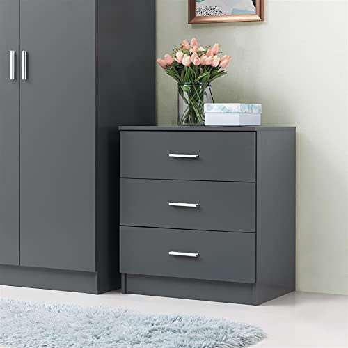 Timber Art Design UK Rio Costa 3 Drawer Bedroom Chest of Drawers with Chrome Metal Handles & Runners Storage Organiser Unit for Hallway Living Room Bedside Cabinet - Dark Grey, H69 x W60 x D40 cm