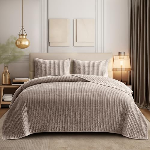 SHALALA Samt-Steppdecke, King-Size-Größe, gestreiftes Bettwäsche-Set, leichte Samtdecke, luxuriöse Wildleder-Tagesdecke und Decke mit weicher gebürsteter Mikrofaser-Rückseite für alle Jahreszeiten,