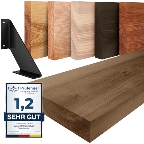 LAMO Manufaktur Holzregal mit schwarzen V-förmigen Halterungen | Wand Regal 160 cm breit für Badezimmer, Flur, Küche im Industrial-Stil | Farbe: Nussbaum, Kante: gerade | Massivholz, Vintage-Charakter