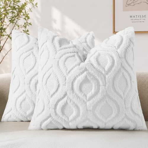 decorUhome 2er Set Kunstfell Kissenbezüge 40x40 cm Dekorative Weich Plüsch Flauschig Samt Kissenhülle 40x40 cm Quadratisch Boho Neutral Kissenbezug für Sofa Weiß