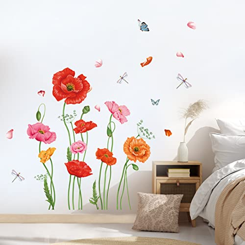 wondever Wandtattoo Mohnblumen Wandaufkleber Blume Blüten Schmetterling Wandsticker Wanddeko für Mädchen Schlafzimmer Wohnzimmer
