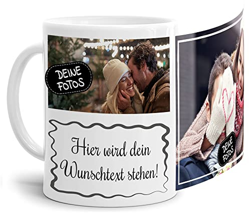 Foto-Tasse selbst gestalten mit Text & Collage für 2 Fotos - Geschenk für Familie, Freunde, Geburtstag, Weihnachten - Keramik Weiß, 300 ml I Personalisiert