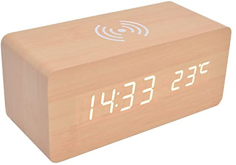 Réveil Numérique en Bois, Radio-réveils Horloge électronique à LED 12/24 Heures avec Station de Chargement Rapide sans Fil, Horloge Numérique à LED en Bois à(6.3 x 2.8 x 2.7in-Blanche)