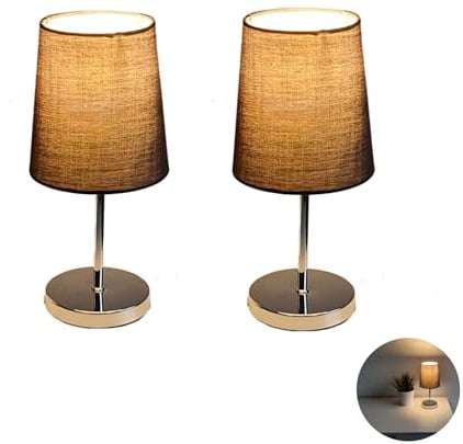 Lichthandel Hoch Nachttischlampe 2er Set Grau Nachttischlampe Nachttisch LED Tischlampe Tischleuchte Nachttischlampe 2er Set mit Kabel Stoffschirm Schlafzimmer Fensterbank (Grau konisch)