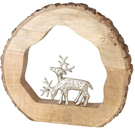 BOLTZE Deko-Aufsteller Conaldi aus Mango-Holz I mit Hirsch-Motiv aus Aluminium I Baumscheibe I Weihnachts-Deko I Wohnzimmer, Esstisch I Advents-Dekoration zum Hinstellen I Reindeer, Rentier
