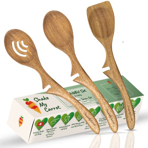 ShakeMyCarrot™ MagicSpoon Kochlöffel Holz 3er Set Integrierte Halterung Akazienholz Küchenutensilien Lazy Spoon Küchenhelfer Pfannenwender Salatbesteck Kochlöffelhalter