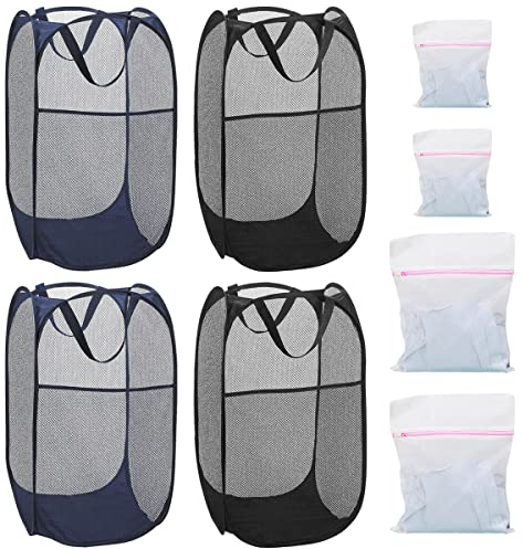 4Pcs Mesh Folding Laundry Baskets, BOJVESH 75L Large Pop up Laundry Hamper Bins Collapsible with Handles and 4 Washing Bags, Portable Washing Basket Foldable Cleaning Basket for Bedroom Bathroom