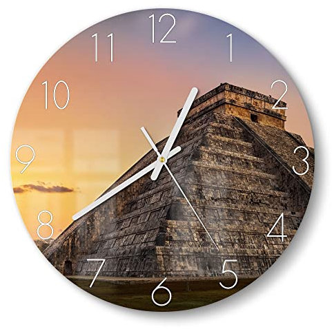 DEQORI Glasuhr | rund Ø 30 cm | Motiv Maya-Pyramide am Abend | ausgefallene leise Design Uhr aus Glas | Wanduhr für Wohnzimmer & Küche | Moderne Hingucker Uhr für die Wand