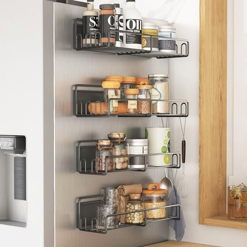 COVAODQ Gewürzregal aus Metall, 4er-Pack Kühlschrank Magnet Gewürzregal,kühlschrank Organizer Magnetisch, Platzsparende Lösung für Küche, schwarz
