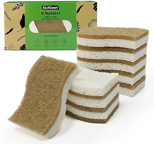 KICKLEEN Confezione da 9 spugne da cucina naturali biodegradabili, compostabili in cellulosa e noce di cocco, spugne ecologiche e sostenibili per piatti